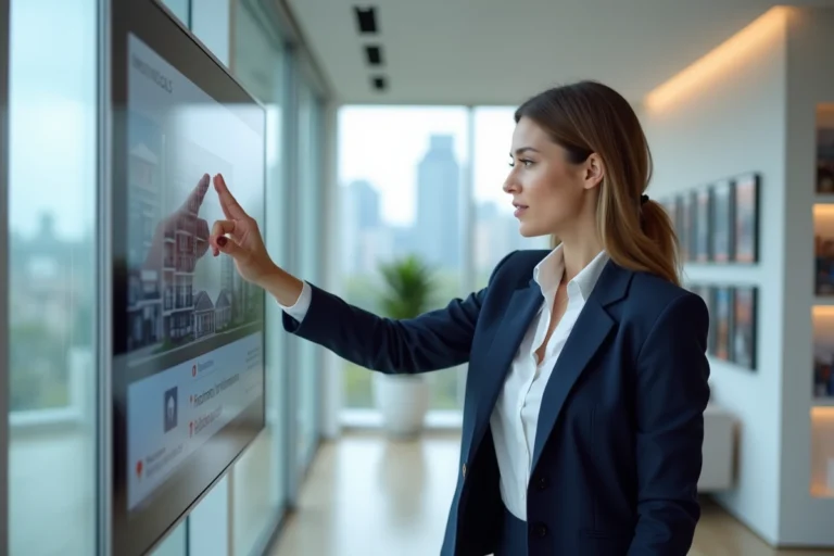 Agent immobilière consultant des annonces sur une interface numérique dans une agence moderne - actualités Immo Galaxy