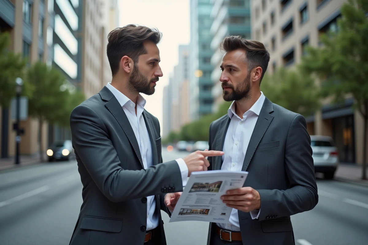 Agent immobilier présentant les services d'un site immobilier devant un immeuble moderne