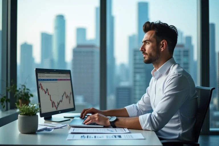 Analyste financier étudiant des graphiques boursiers sur un bureau moderne avec vue sur la ville