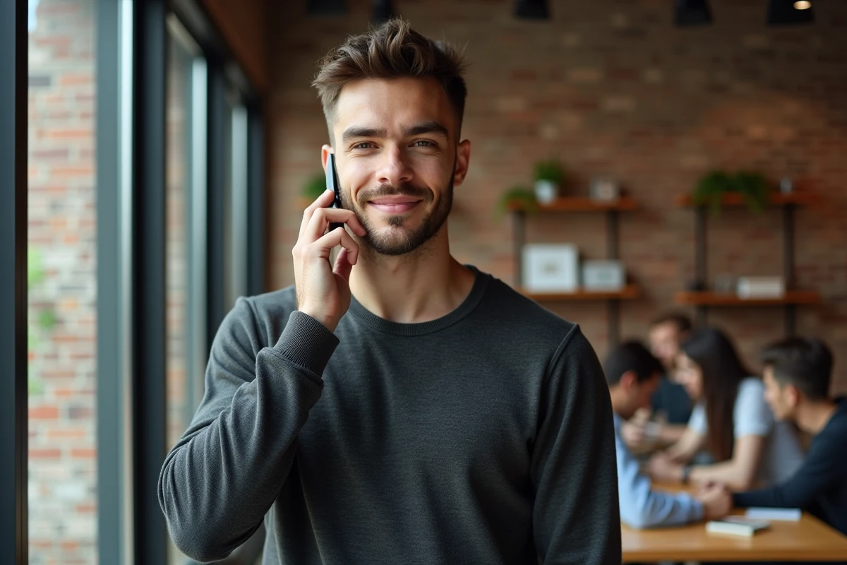 Homme au téléphone prenant contact avec une équipe créative dans un espace de co-working