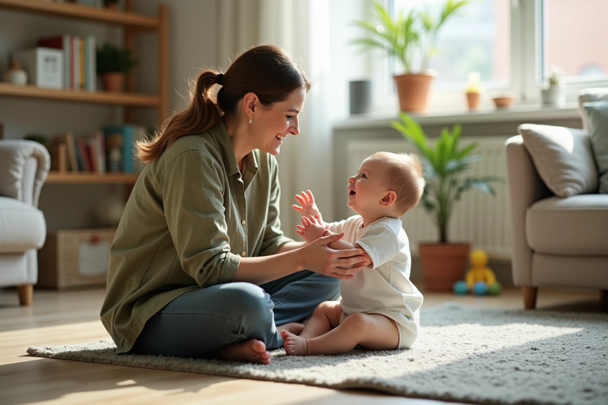 Mère assise sur un tapis de jeu tenant son bébé de 4 mois face à elle, le nourrisson tendant les mains vers son visage avec une expression de joie et de reconnaissance
