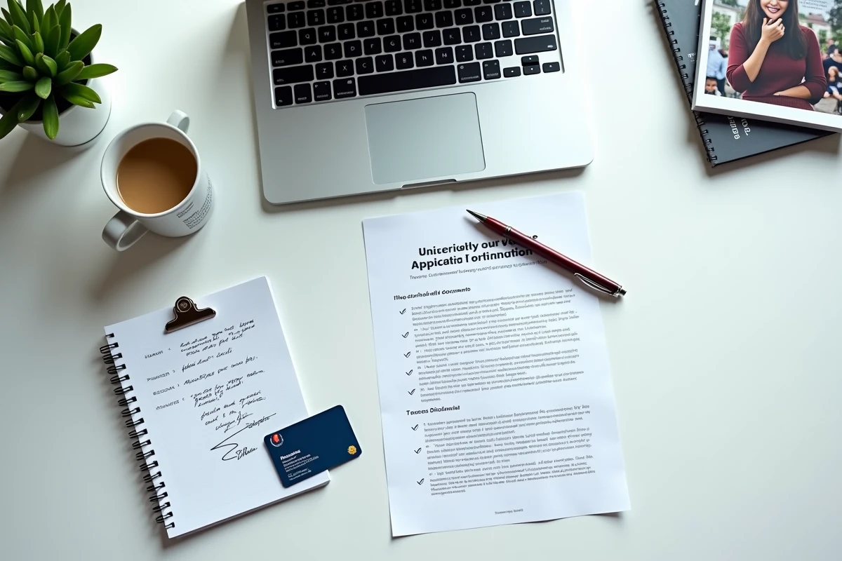 Vue de dessus d'un bureau étudiant avec ordinateur portable affichant un formulaire de candidature universitaire en ligne et documents administratifs
