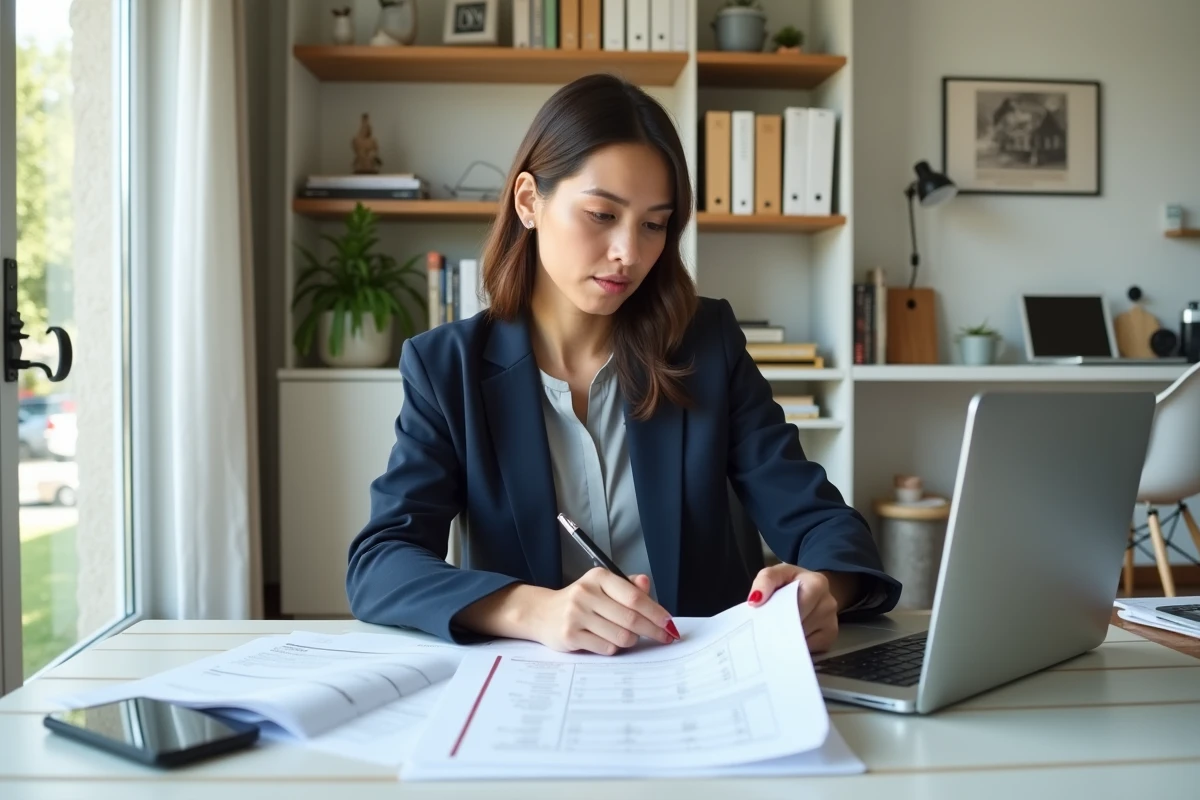 Femme comparant des offres de prêt immobilier Casden et banques classiques à son bureau