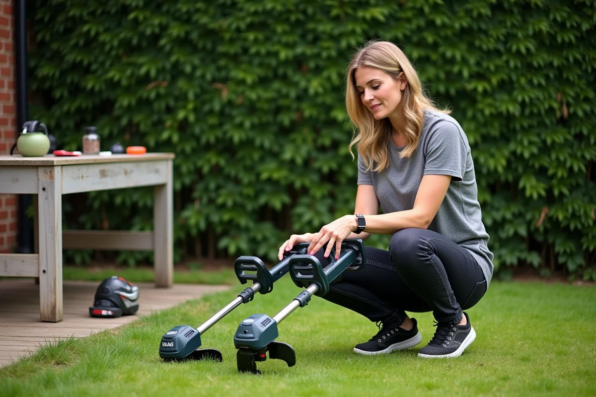 Femme comparant deux modèles de taille-bordures dans son jardin pour choisir le meilleur outil d'entretien de pelouse