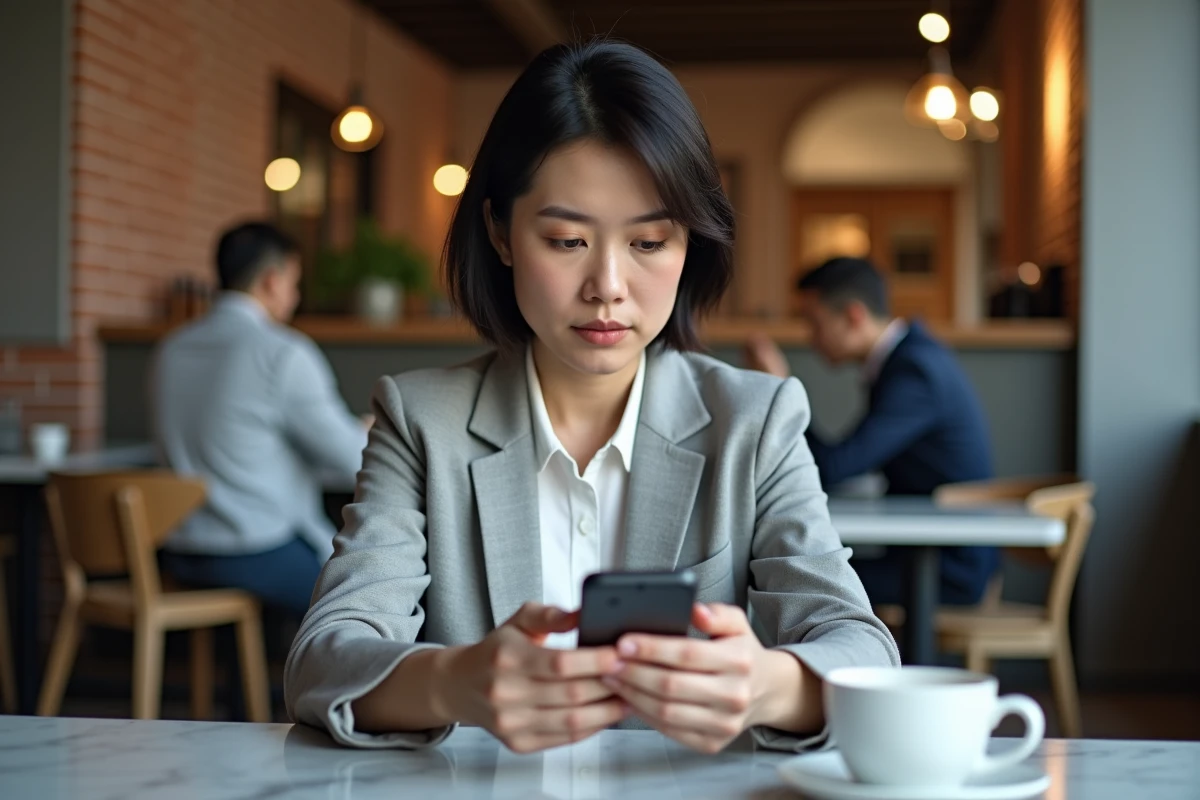 Femme consultant son smartphone dans un café pour résoudre un problème de connexion à une application