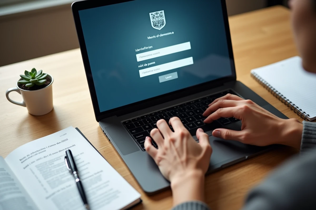 Gros plan sur des mains tapant sur un clavier d'ordinateur pour se connecter à une plateforme officielle de concours administratifs