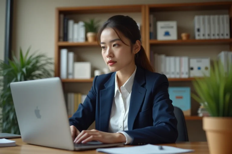 Jeune femme en blazer navy connectée à une plateforme gouvernementale sur son ordinateur pour préparer un concours administratif