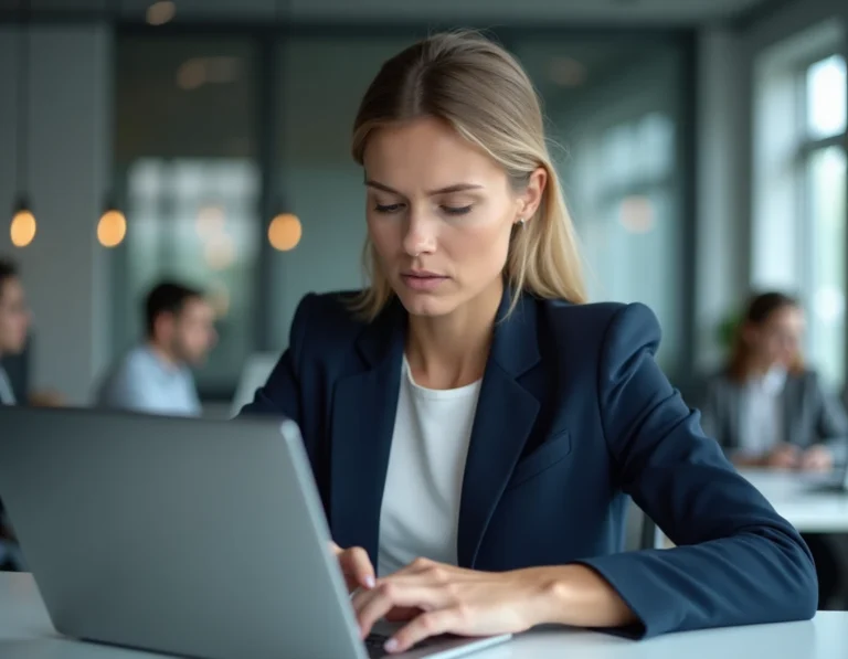 Femme professionnelle se connectant à un portail sécurisé sur son ordinateur portable dans un bureau moderne