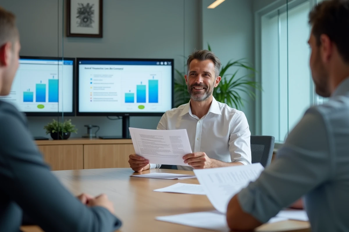 Conseiller bancaire présentant une comparaison de prêt immobilier Casden à un client en agence