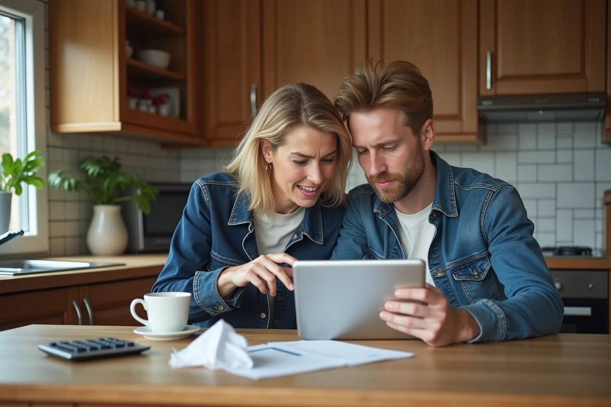 Couple étudiant une comparaison de prêt immobilier Casden sur tablette dans une cuisine