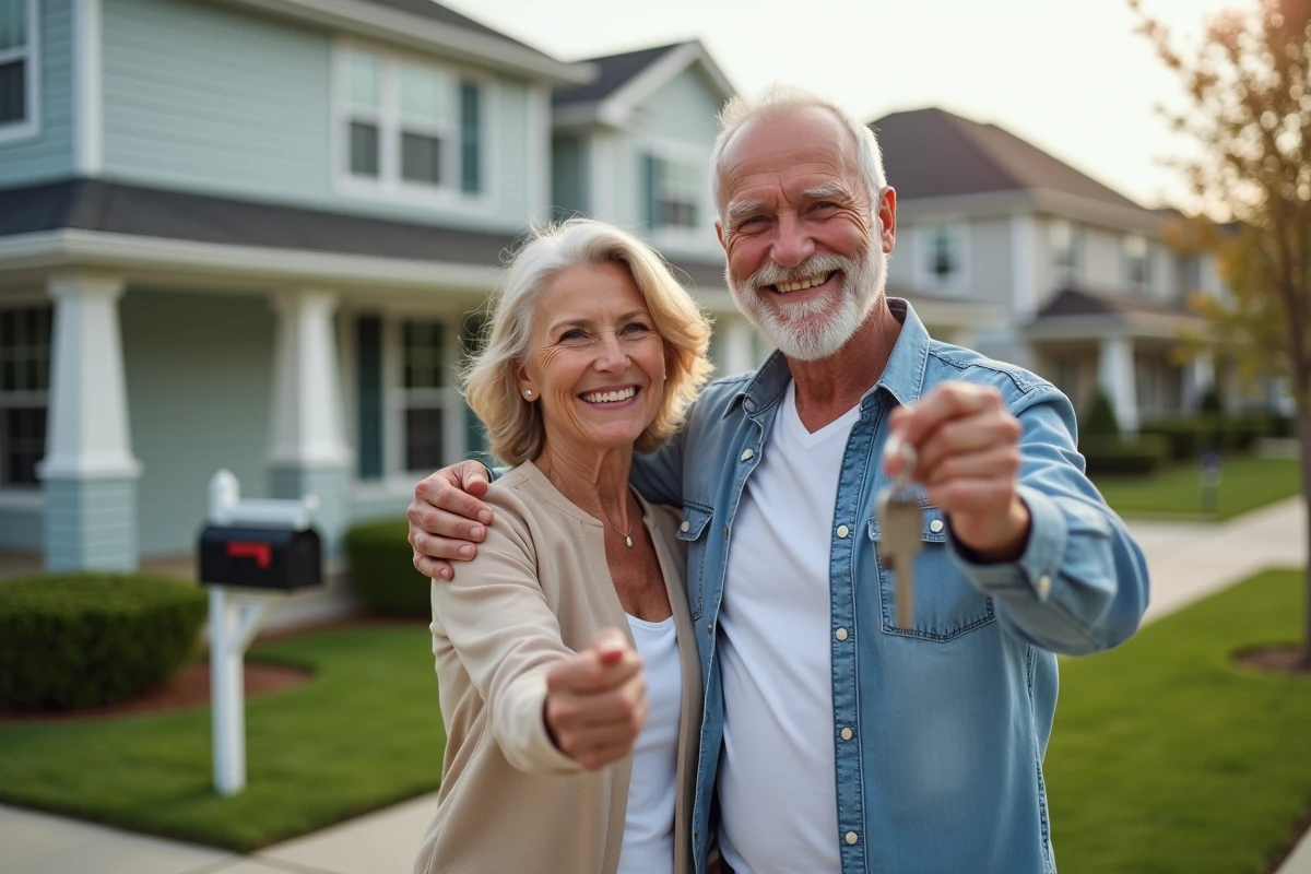 Couple souriant tenant clés devant leur maison neuve