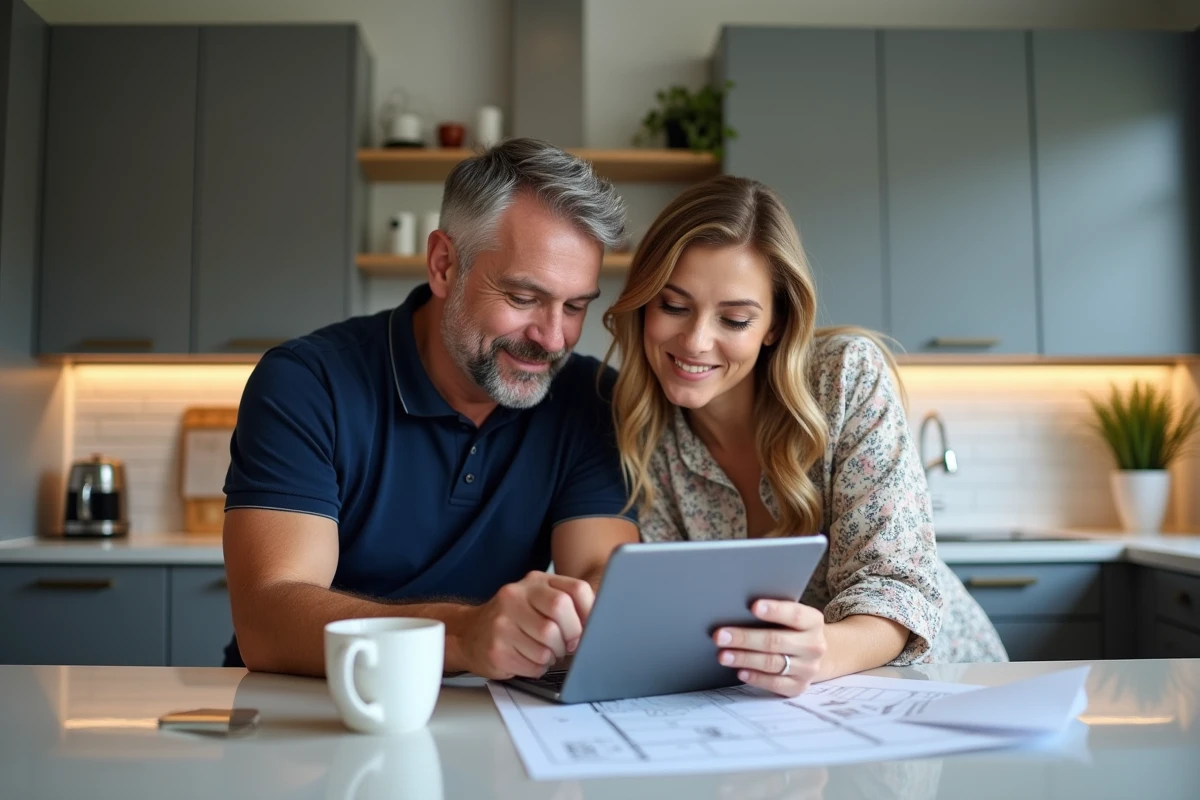 Couple recherchant des annonces immobilières sur une tablette dans une cuisine moderne