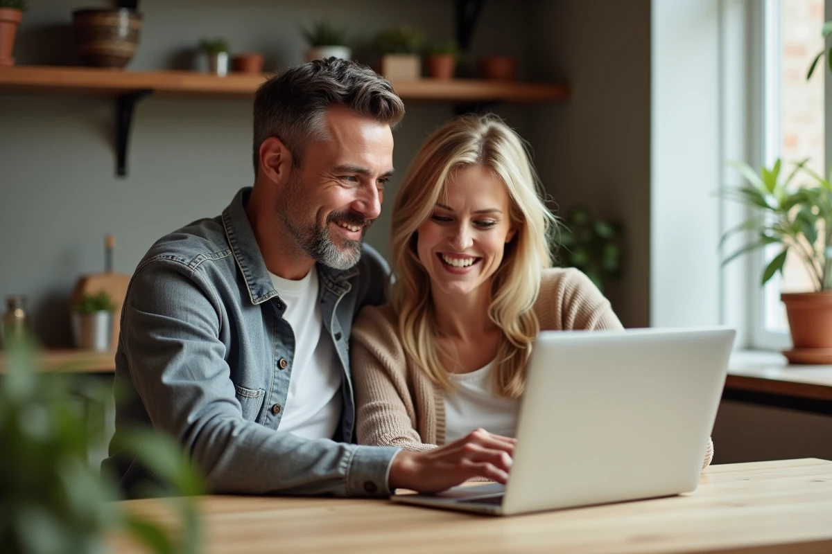 Couple recherchant des biens immobiliers sur la plateforme Immo Galaxy depuis leur domicile