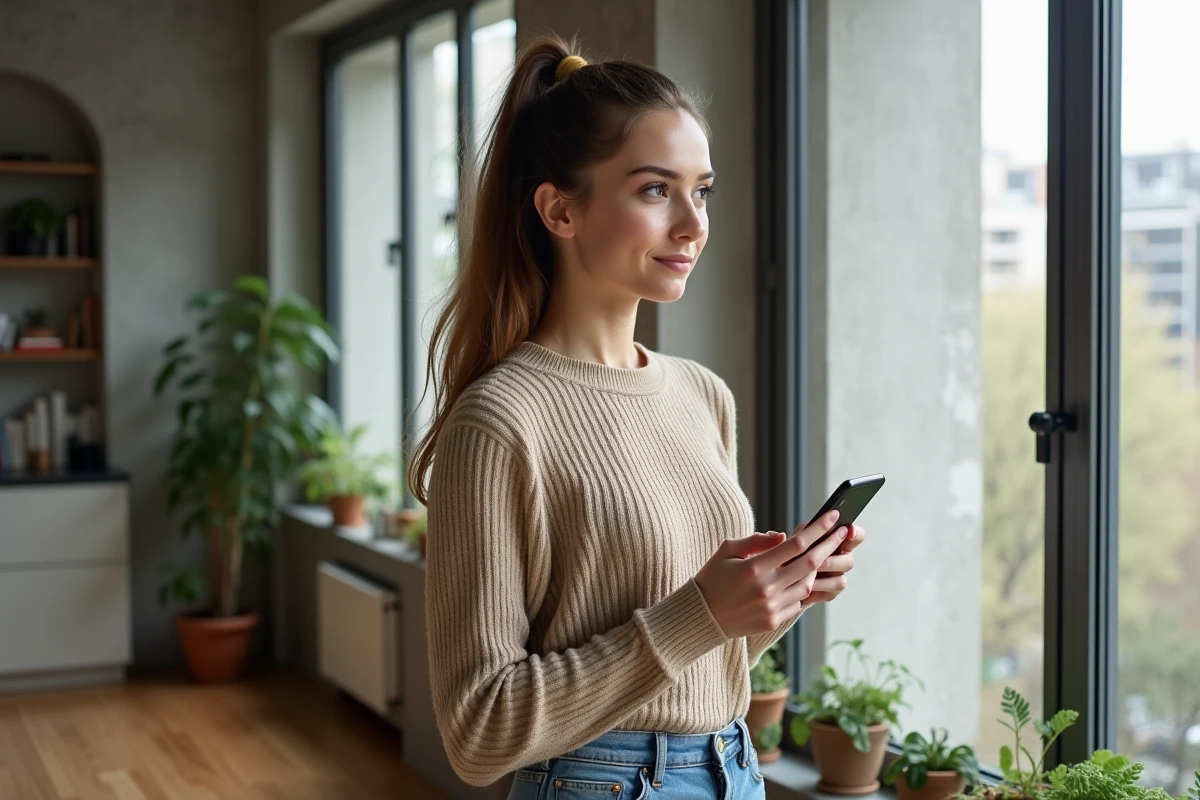 Jeune créatrice de contenu tenant un smartphone dans un appartement moderne aux murs en béton et décoration scandinave