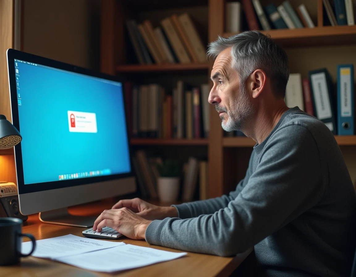 Man die geconfronteerd wordt met een foutmelding van authenticatie op zijn desktopcomputer thuis