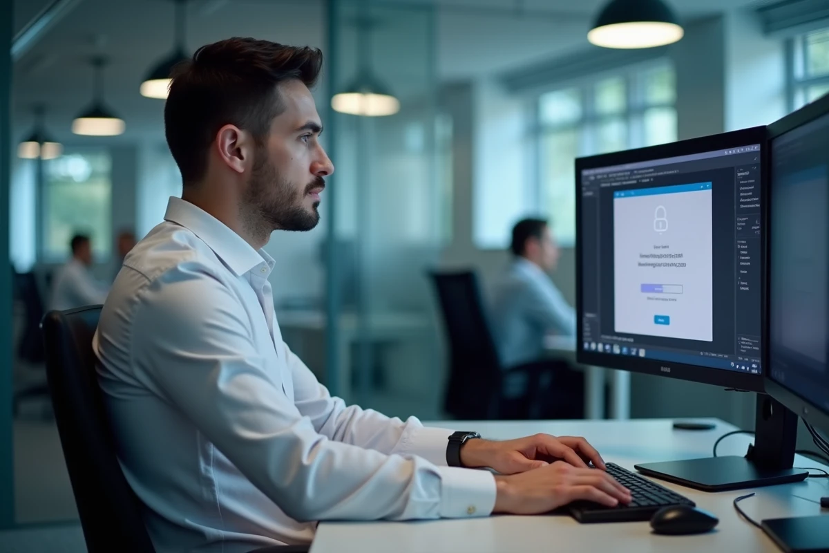 Homme en bureau professionnel face à un message d'erreur de connexion sur un écran d'ordinateur