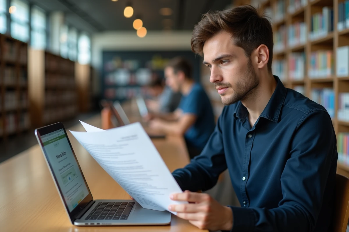 Jeune homme consultant son dossier de candidature universitaire dans une bibliothèque universitaire
