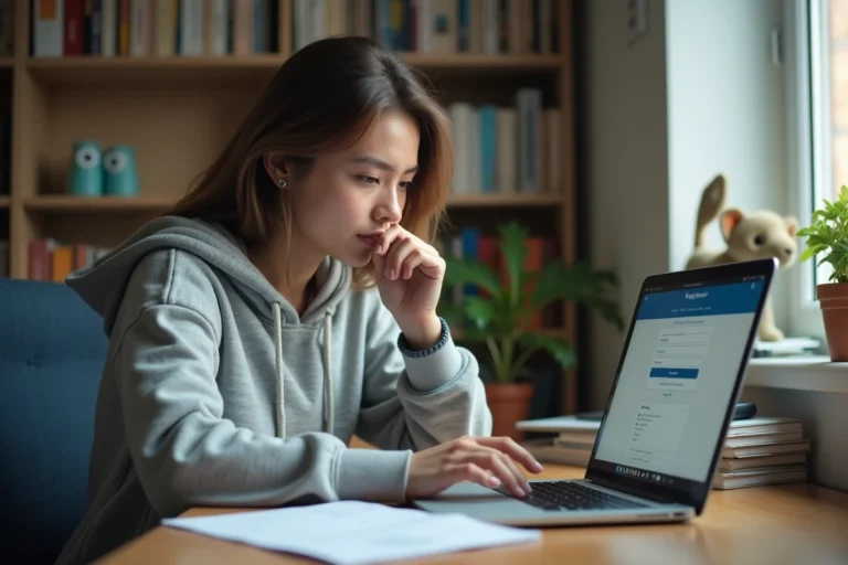 Étudiante déposant sa candidature en ligne sur un portail universitaire depuis sa chambre d'étudiant