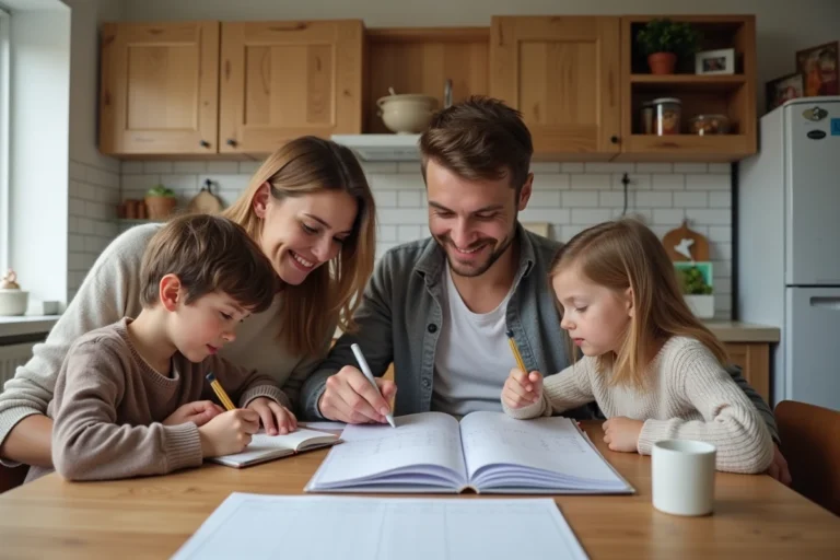 Famille française à la cuisine avec calendrier scolaire