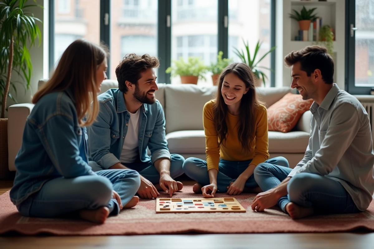 Famille jouant à un jeu de société ensemble assis sur un tapis dans un salon d'appartement moderne