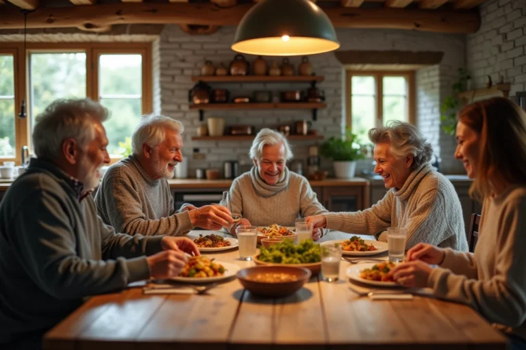 Famille multigénérationnelle partageant un repas convivial autour d'une grande table en bois dans une cuisine rustique