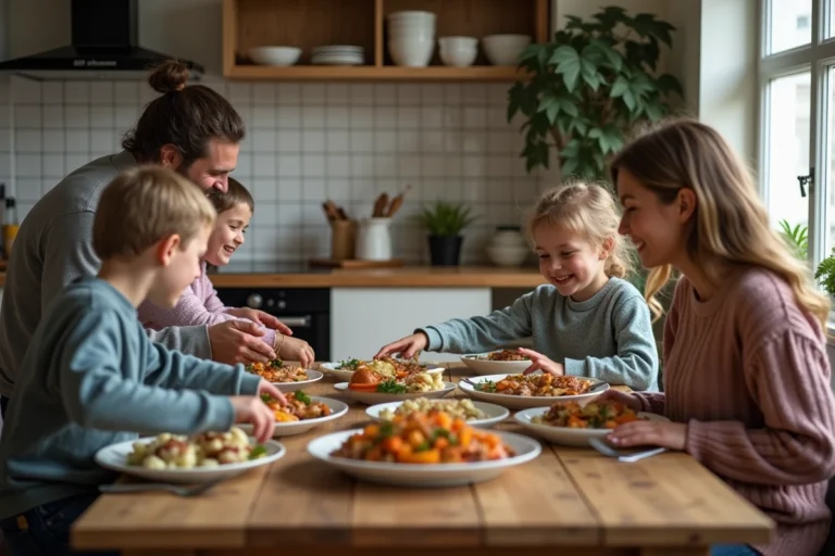 Famille souriante autour d une table en cuisine chaleureuse