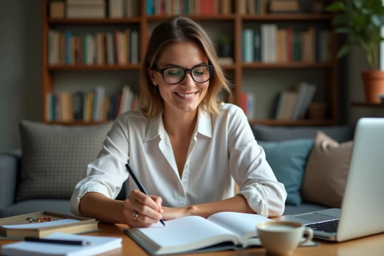 Femme lisant et annotant un livre dans un salon cosy