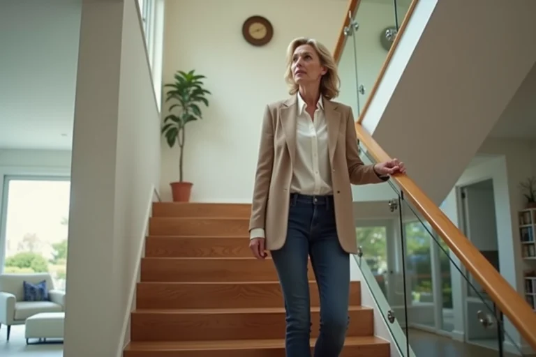 Femme d'âge moyen dans un escalier moderne intérieur
