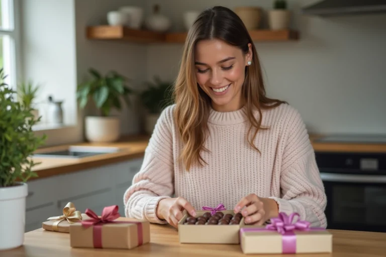 Femme souriante découvrant des chocolats artisanaux à la maison