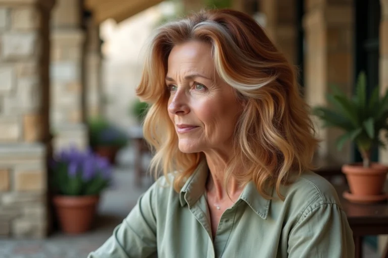 Femme aux cheveux roux naturellement mêlés de fils blancs assise en terrasse, illustrant l'évolution des cheveux roux avec l'âge