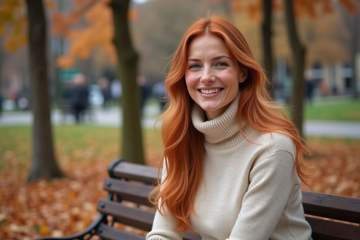 Femme aux longs cheveux cuivrés avec premiers fils blancs assise sur un banc en automne, illustrant l'apparition des cheveux blancs chez les roux