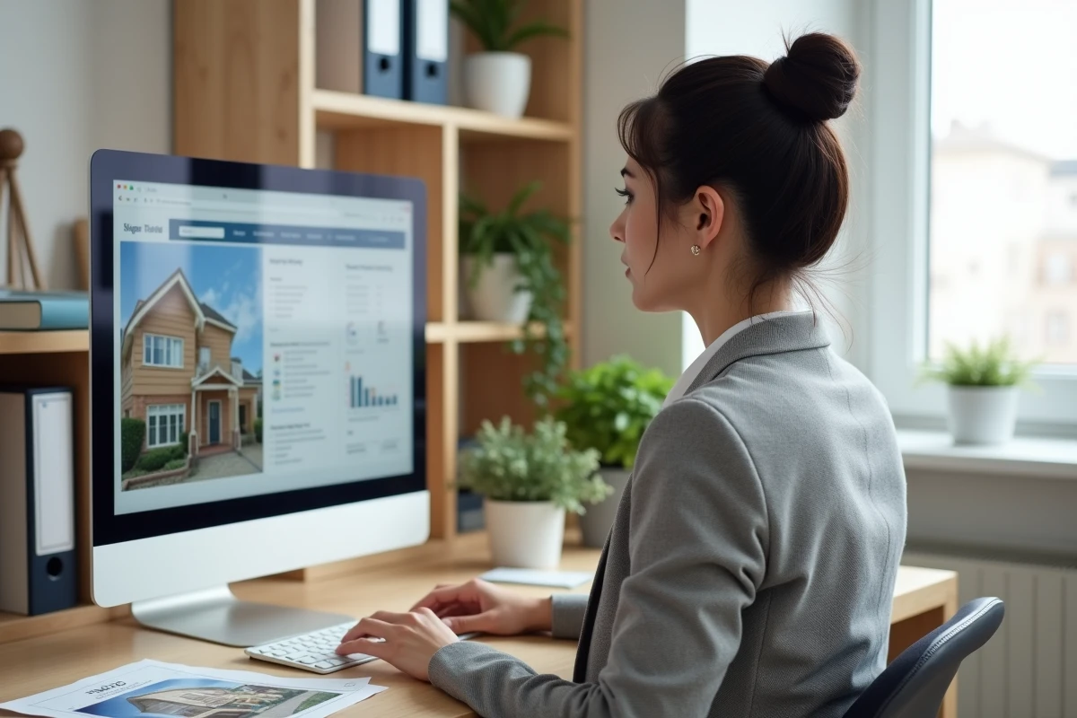 Femme consultant un site immobilier complet sur ordinateur dans un bureau moderne
