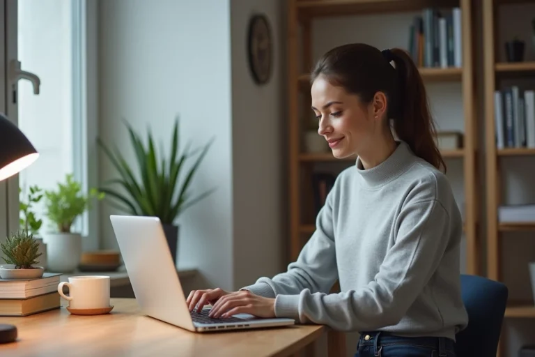Femme professionnelle créant un blog sur son ordinateur portable dans un bureau moderne et minimaliste