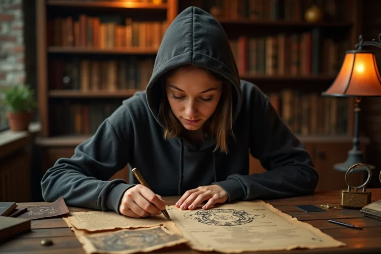 Jeune femme analysant des indices dans une salle d'évasion pour résoudre une énigme de Rooms and Exits