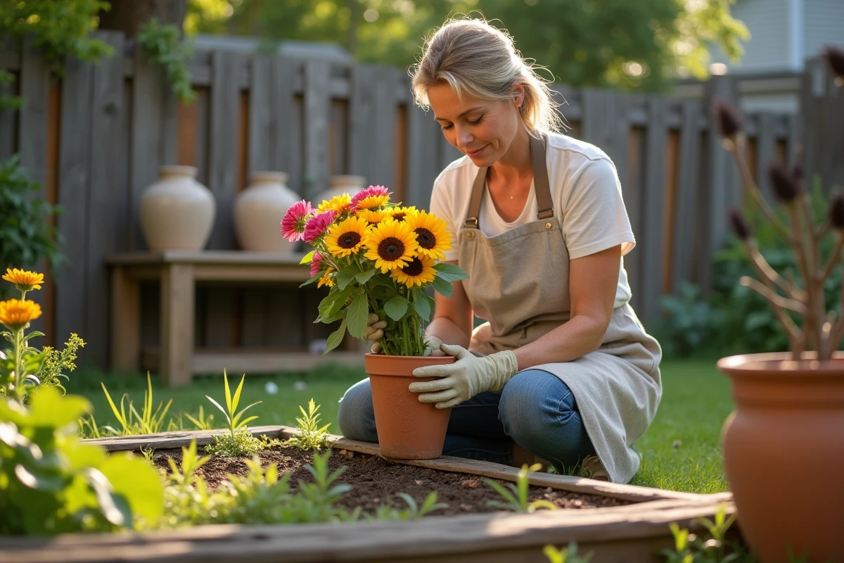 Femme jardinière arrangeant des tournesols et des zinnias dans un pot en terre cuite dans son jardin