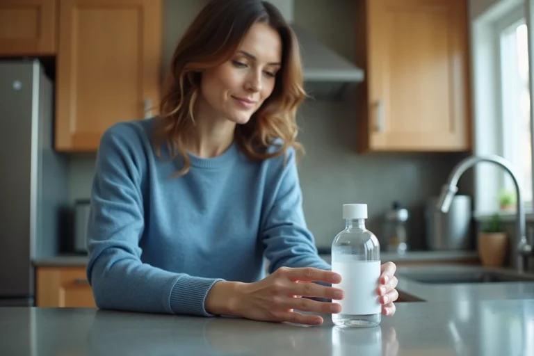 Femme lisant une bouteille d alcool à la maison