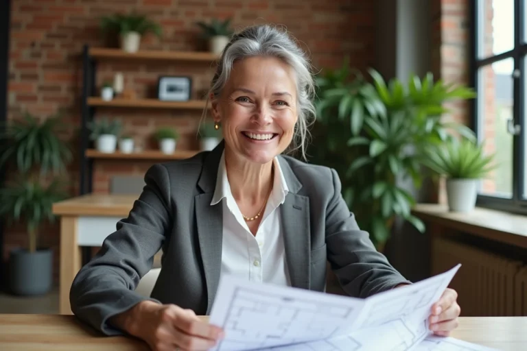 Femme confiante tenant plans immobiliers dans un appartement moderne