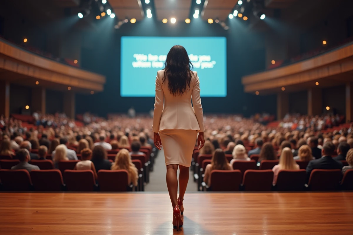 Femme pasteure américaine prospère marchant sur la scène d'un grand auditorium de mégaéglise moderne
