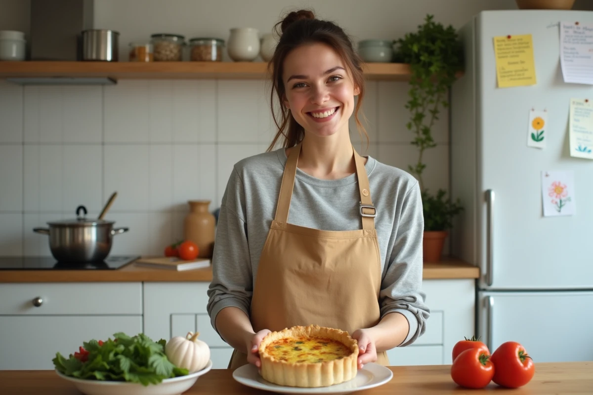 Jeune femme avec quiche dans cuisine lumineuse