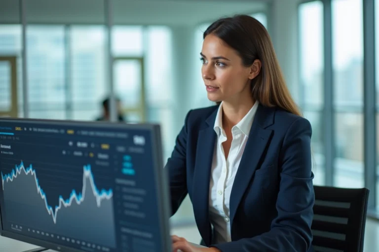 Femme professionnelle analysant des graphiques économiques et des données financières sur un écran d'ordinateur dans un bureau moderne en 2024