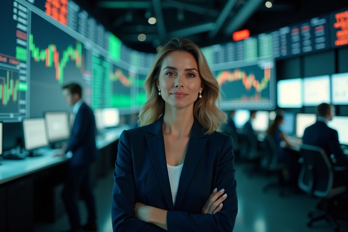 Femme professionnelle devant un écran de bourse affichant des indices financiers en temps réel