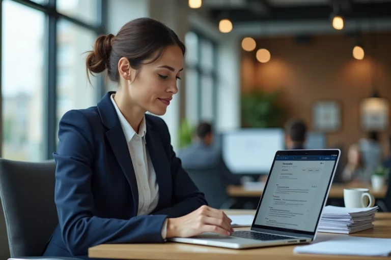 Une professionnelle consulte une offre d'emploi sur OrionB2B.fr depuis son bureau en open space