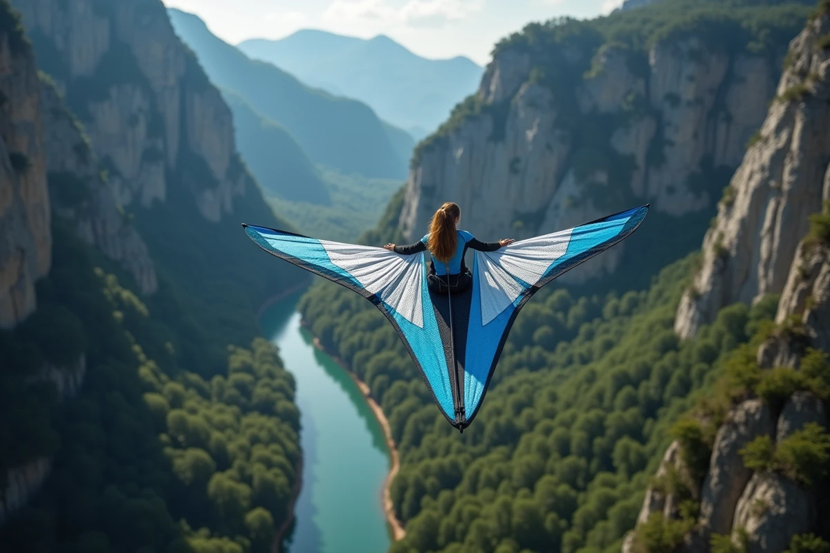 Femme en wingsuit volant au-dessus d