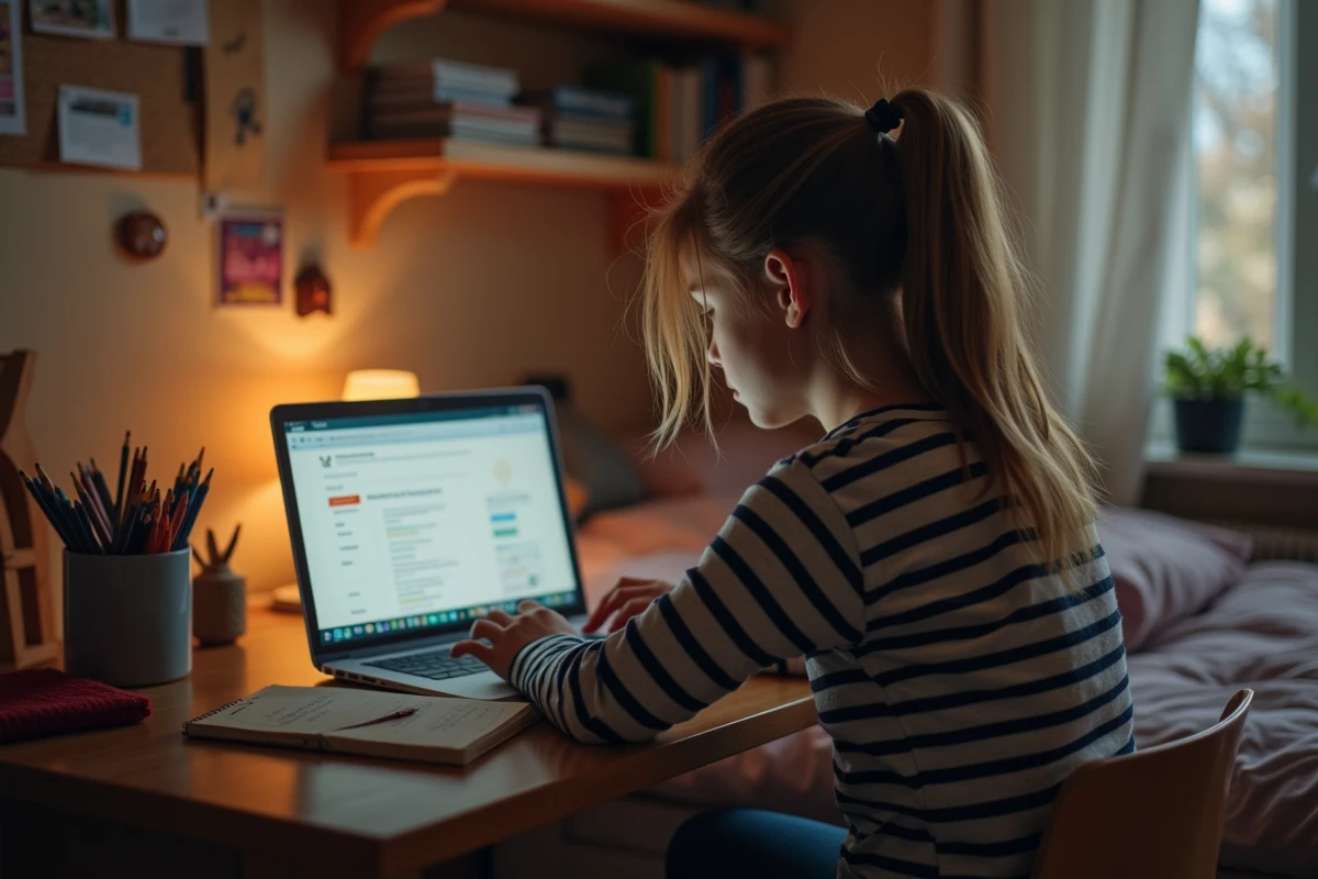 Jeune fille au collège vérifiant dates sur ordinateur portable