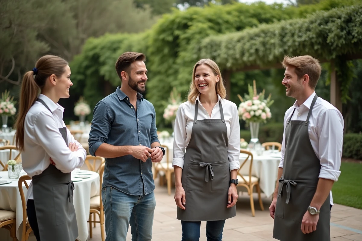 Fournisseurs de mariage en discussion dans un jardin