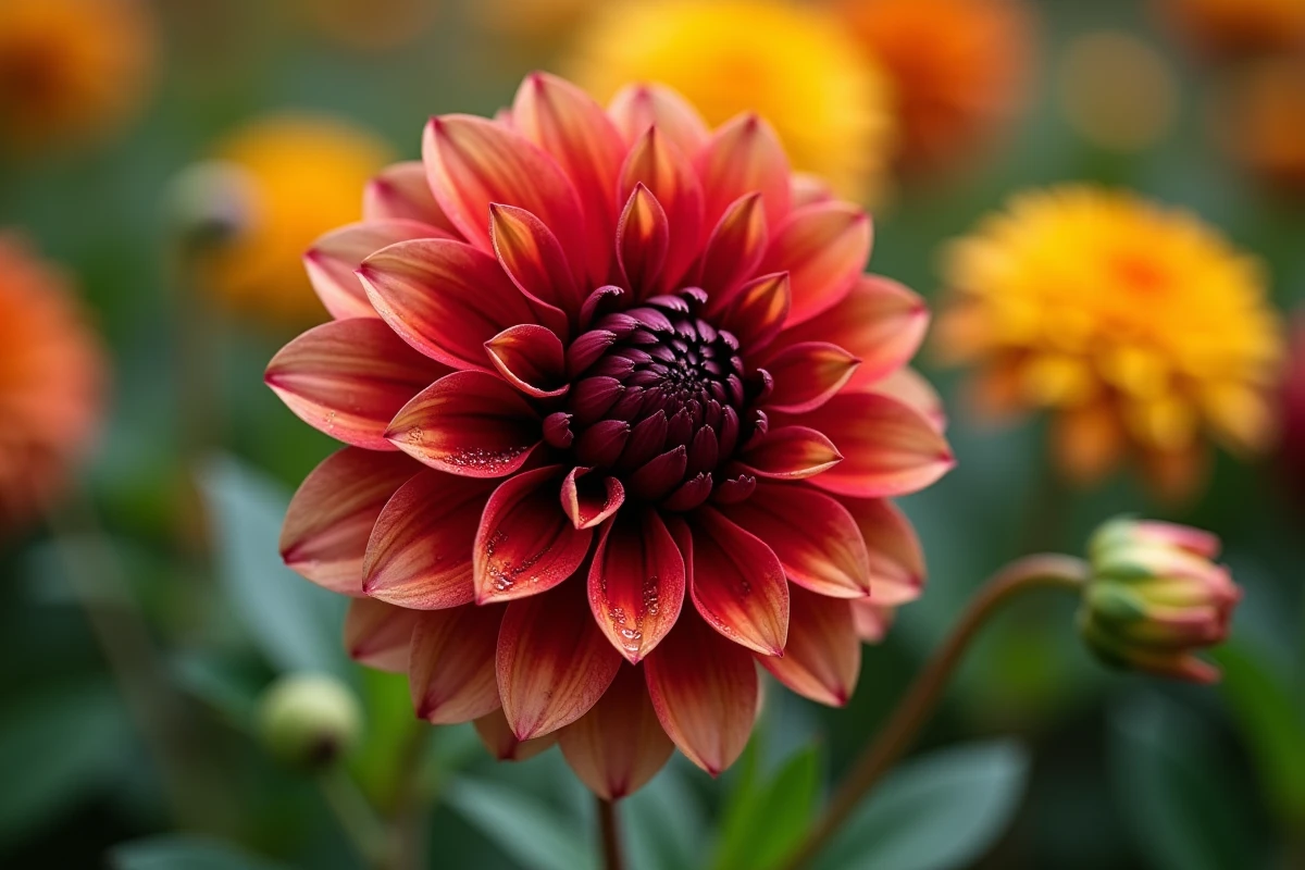 Gros plan d'un dahlia en fleur avec des gouttes de rosée sur les pétales bordeaux et corail