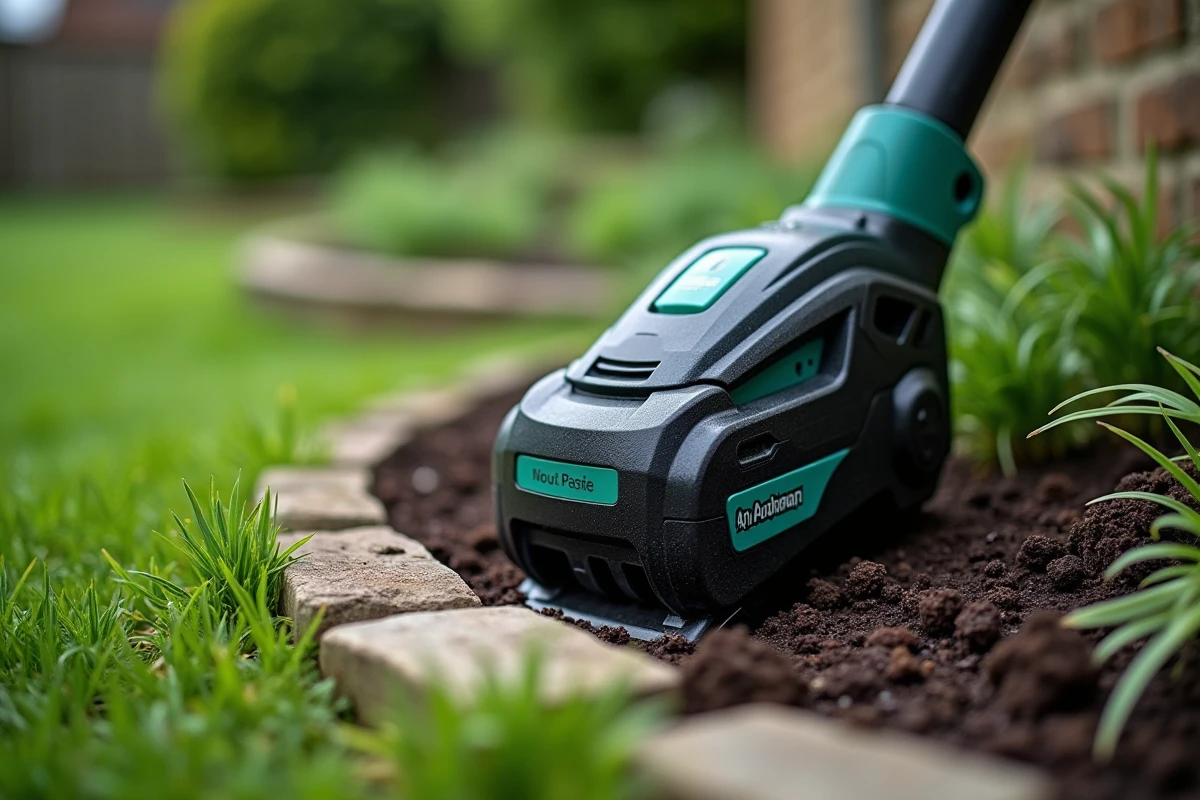 Gros plan d'un taille-bordure professionnel posé contre une bordure en pierre dans un jardin soigné avec herbe fraîchement taillée