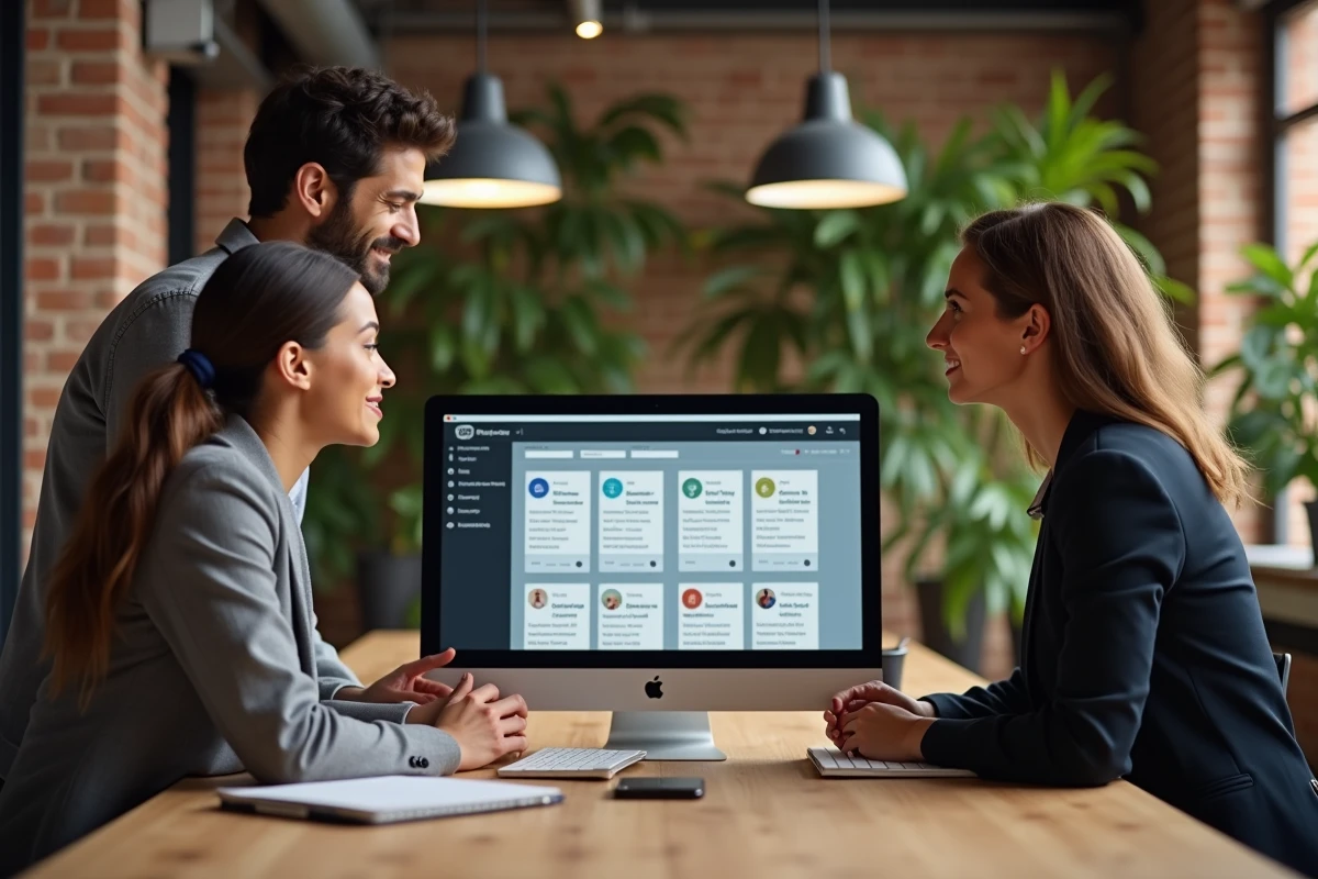 Trois jeunes professionnels évaluent ensemble les offres d'emploi disponibles sur une plateforme B2B française