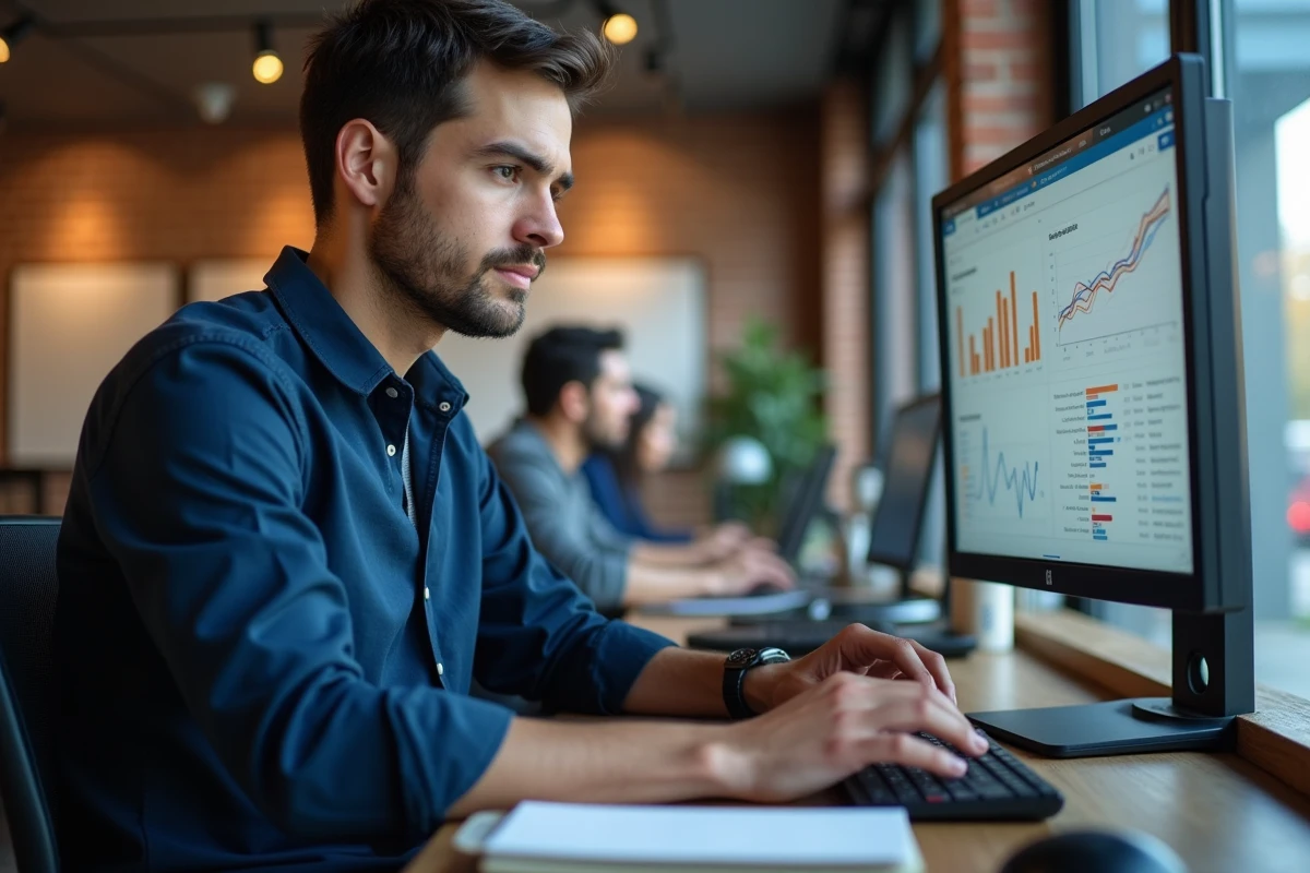 Homme analysant les statistiques de son blog professionnel dans un espace de coworking moderne