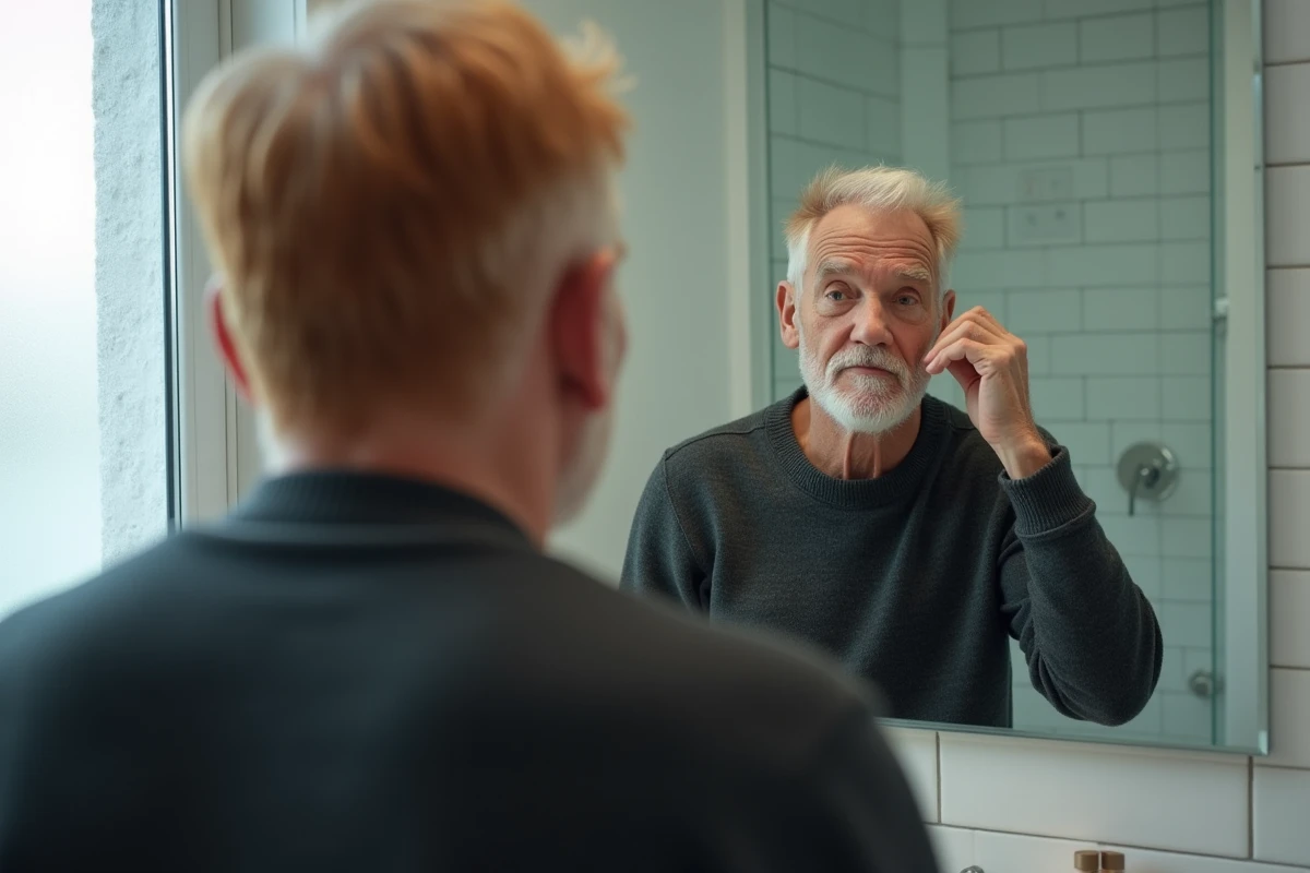 Homme aux cheveux roux grisonnants se regardant dans un miroir de salle de bain, montrant la transition naturelle vers les cheveux blancs